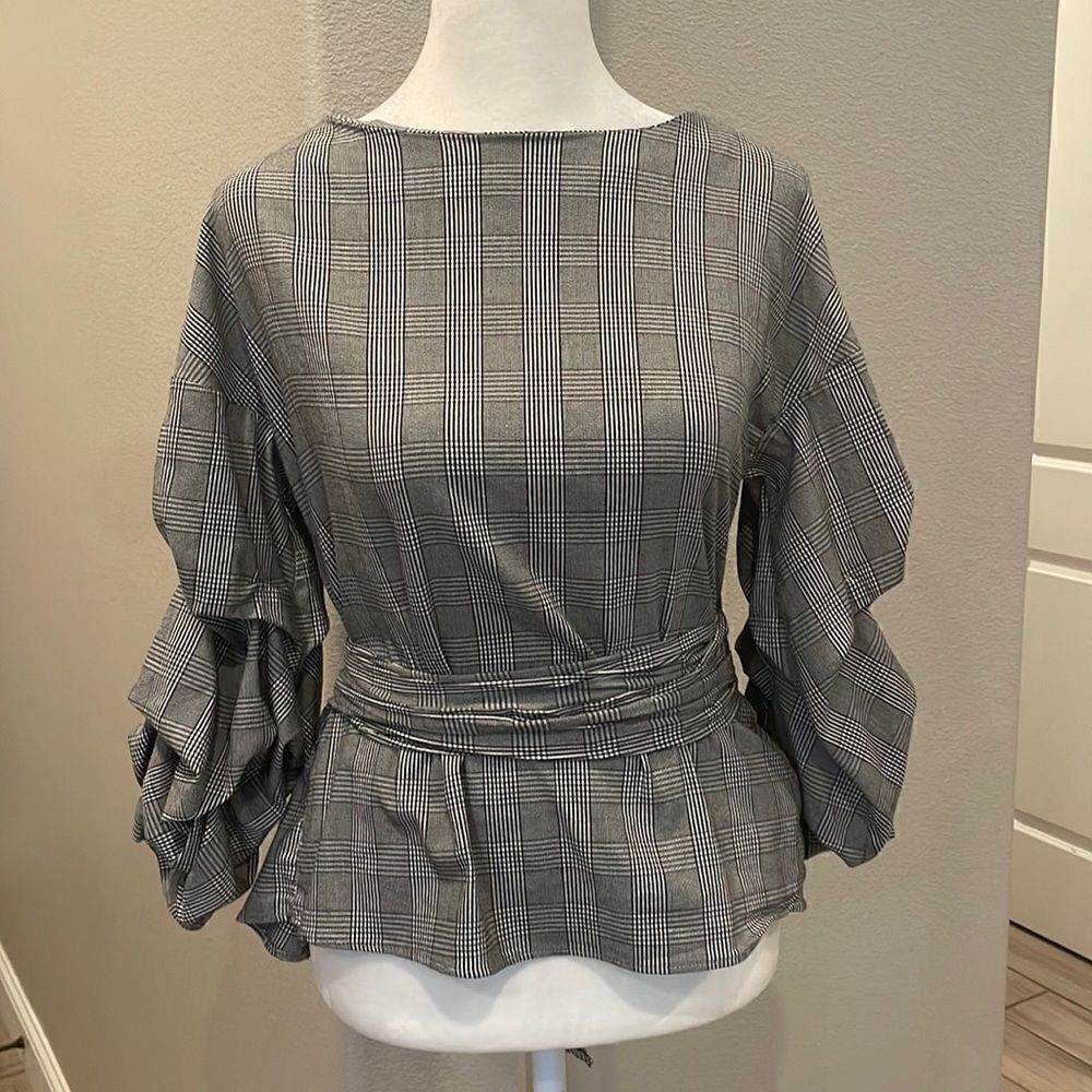 Zara Houndstooth Wrap Crop Blouse
